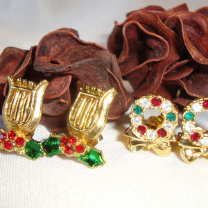 2 Pair Christmas Themed Post Earrings Vintage